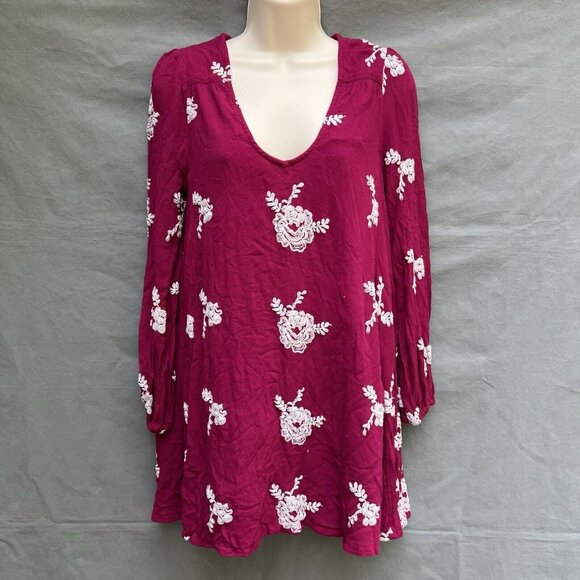 Free People Burgundy Embroidered Swing Dress Mini Size Small Country Boho Folk - Picture 1 of 4